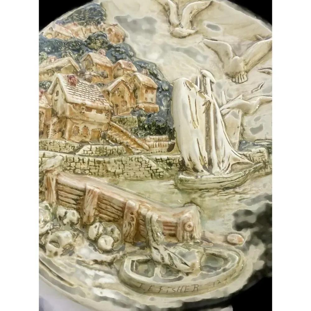 Vintage Chalkware Watermill & Seaport Wall Art Plates 10.5